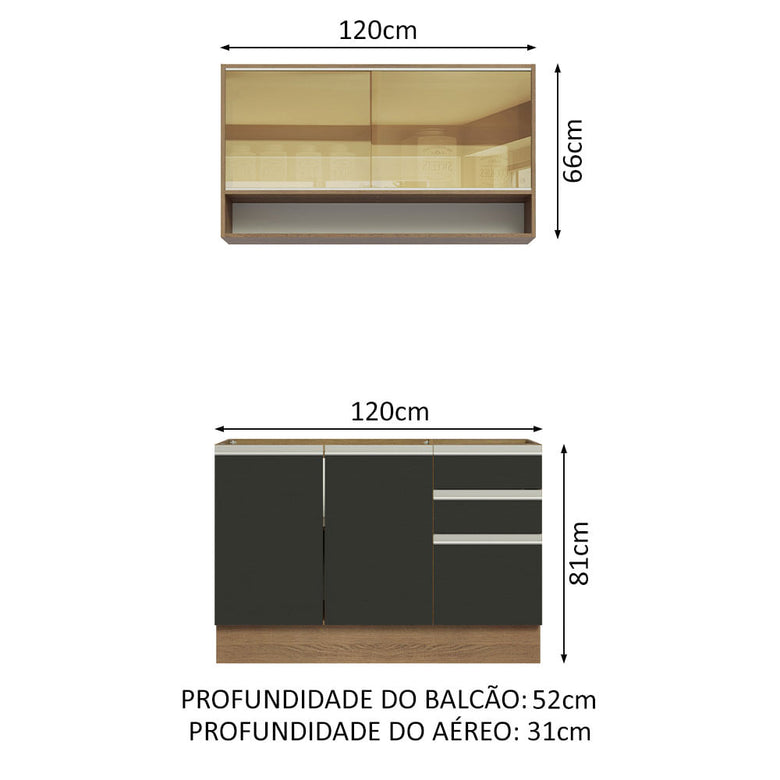 Armário de Cozinha Compacta 120cm Rustic/Preto Glamy Madesa 02