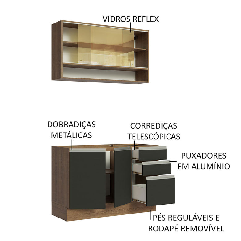 Armário de Cozinha Compacta 120cm Rustic/Preto Glamy Madesa 02