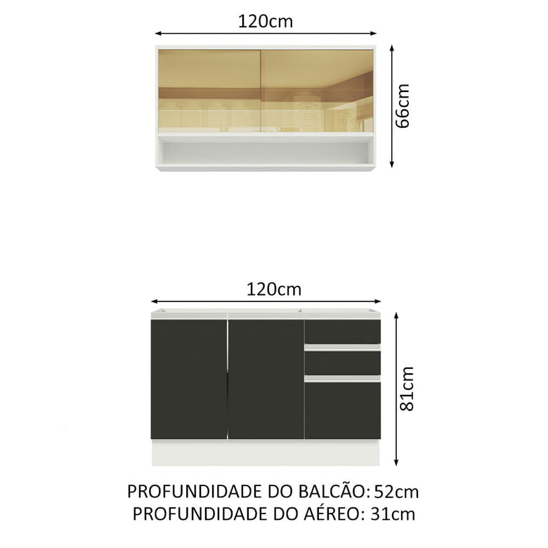 Armário de Cozinha Compacta 120cm Branco/Preto Glamy Madesa 02