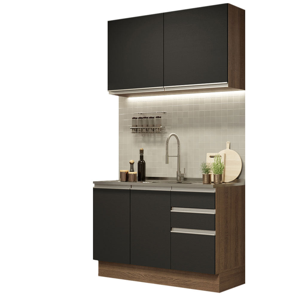 Armário de Cozinha Compacta 120cm Rustic/Preto Glamy Madesa 03 - Rustic/Preto