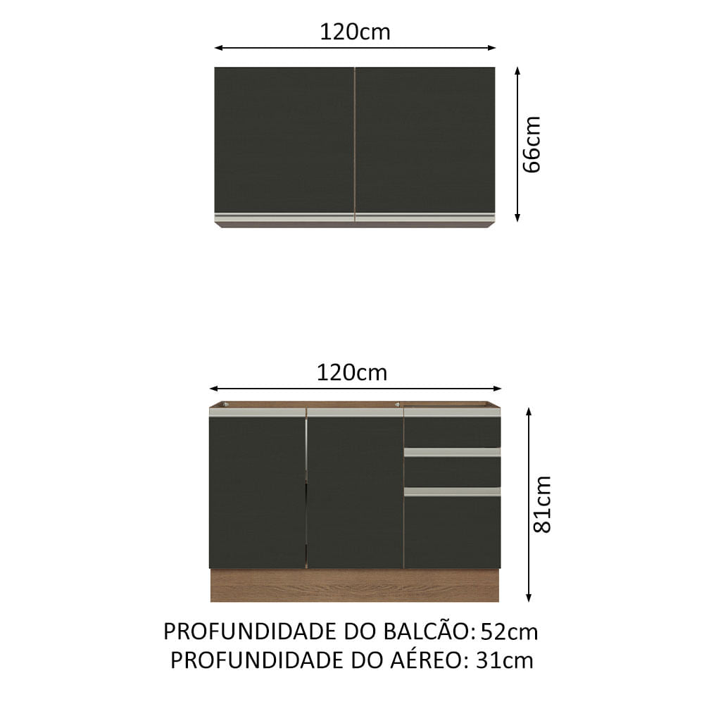 Armário de Cozinha Compacta 120cm Rustic/Preto Glamy Madesa 03