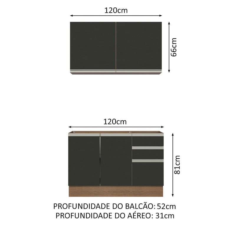 Armário de Cozinha Compacta 120cm Rustic/Preto Glamy Madesa 03