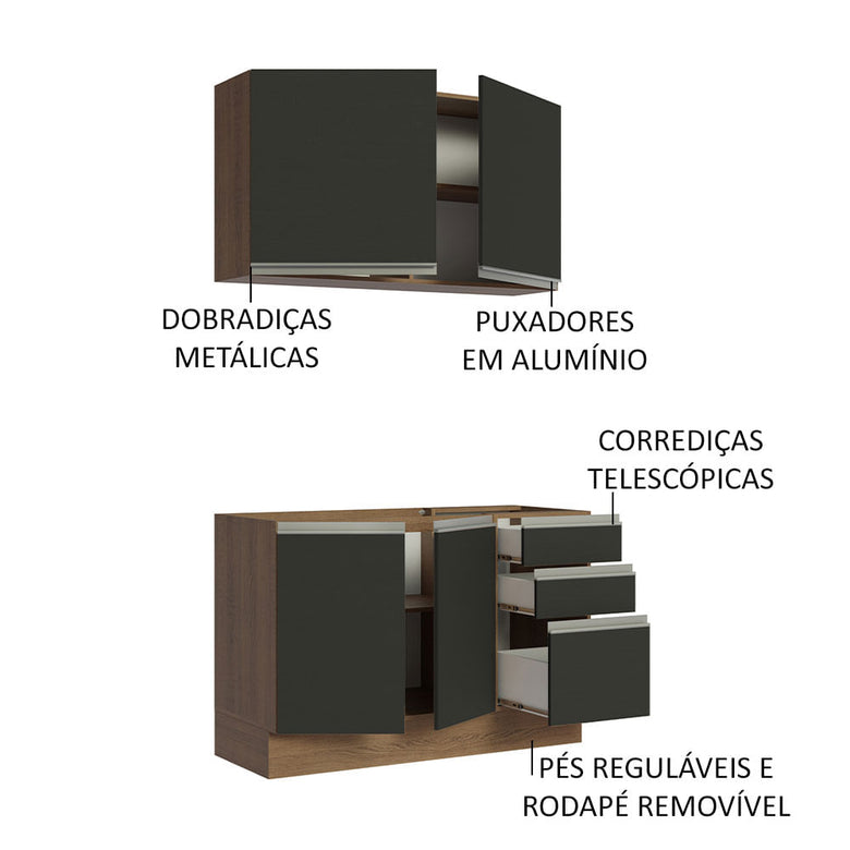 Armário de Cozinha Compacta 120cm Rustic/Preto Glamy Madesa 03