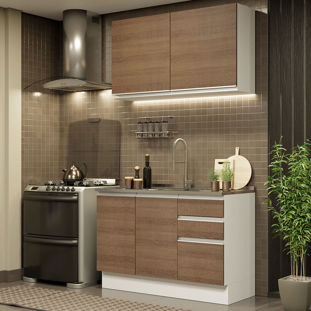 Armário de Cozinha Compacta 120cm Branco/Rustic Glamy Madesa 03 - Branco/Rustic