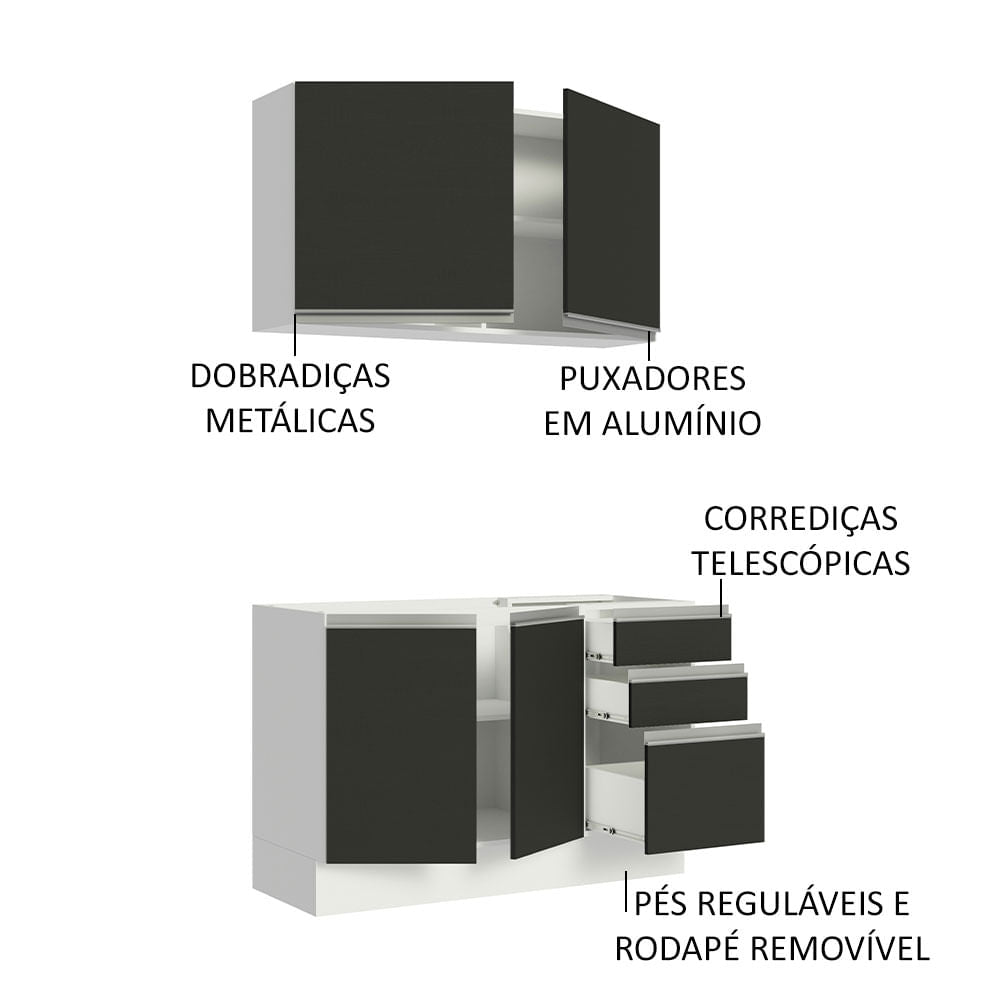 Armário de Cozinha Compacta 120cm Branco/Preto Glamy Madesa 03