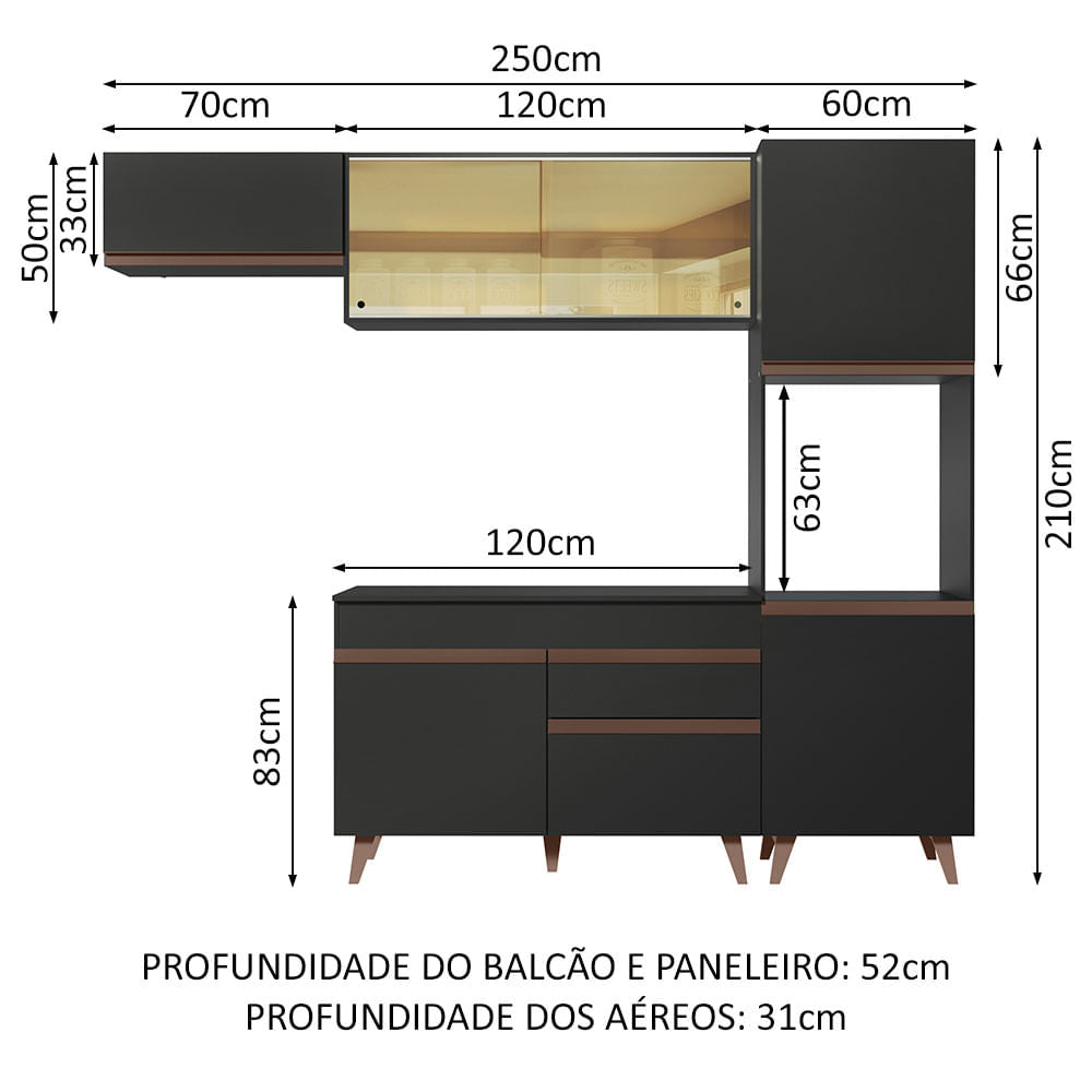 Armário de Cozinha Completa 250cm Preto Reims Madesa 03