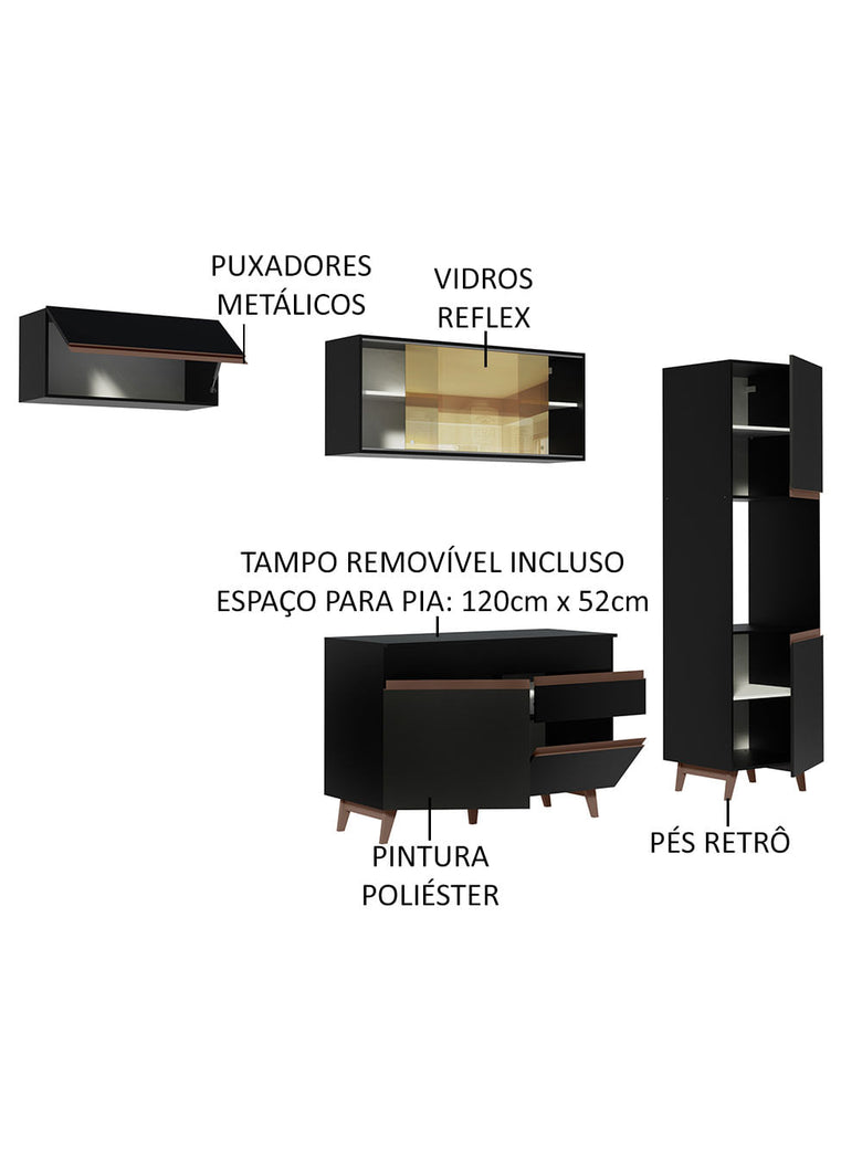 Armário de Cozinha Completa 250cm Preto Reims Madesa 03
