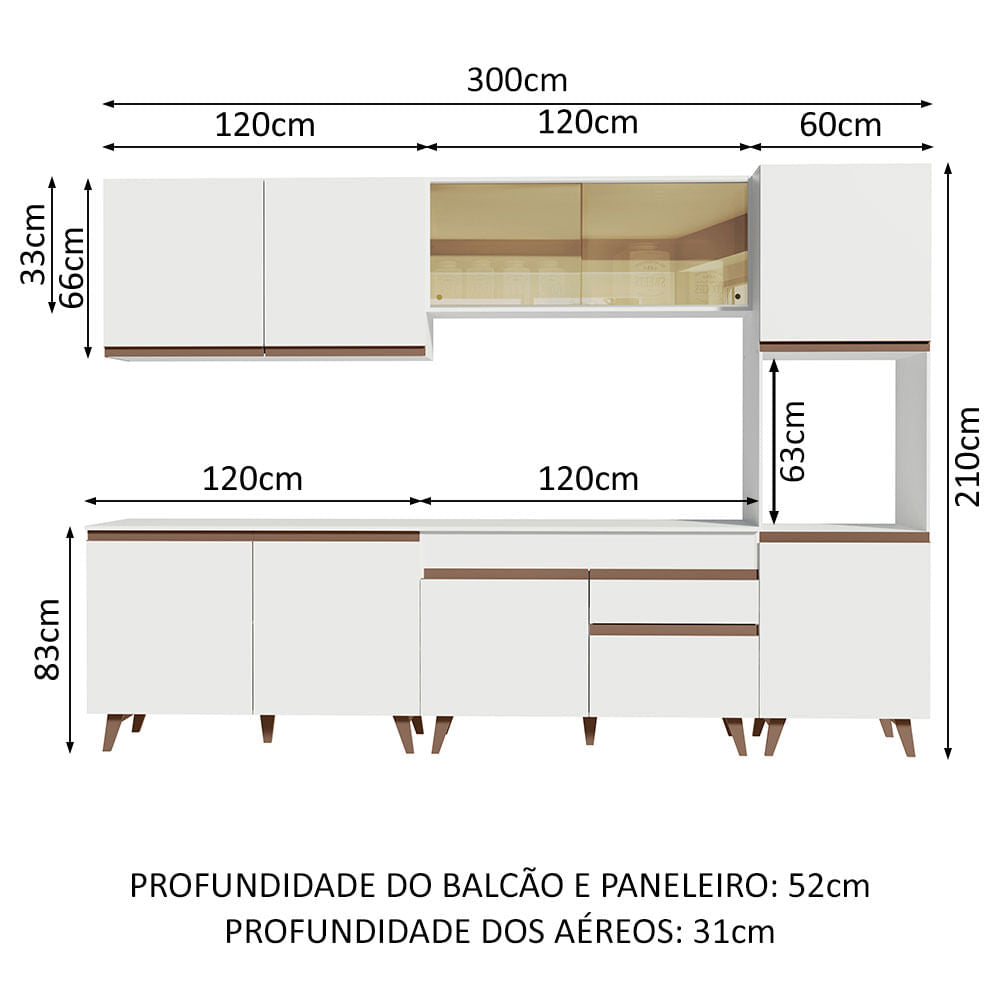 Armário de Cozinha Completa 300cm Branco Reims Madesa 01