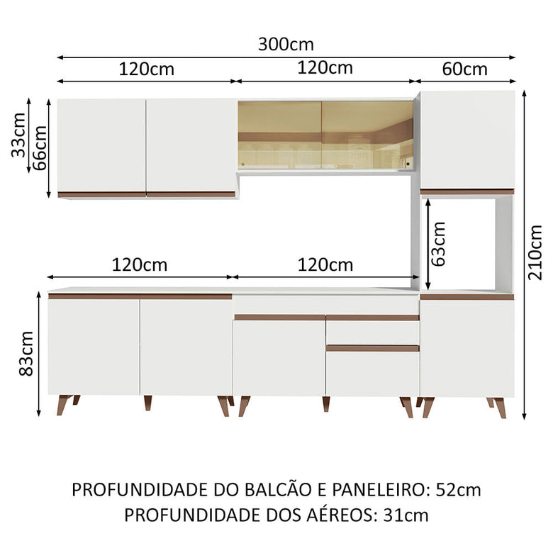 Armário de Cozinha Completa 300cm Branco Reims Madesa 01