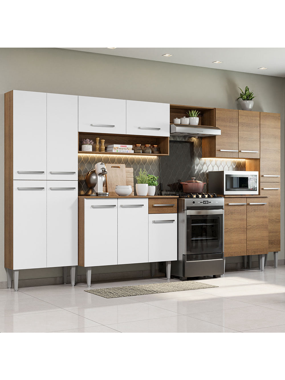 Armário de Cozinha Completa 325cm Rustic/Branco Emilly Joy Madesa 01 - Branco/Rustic