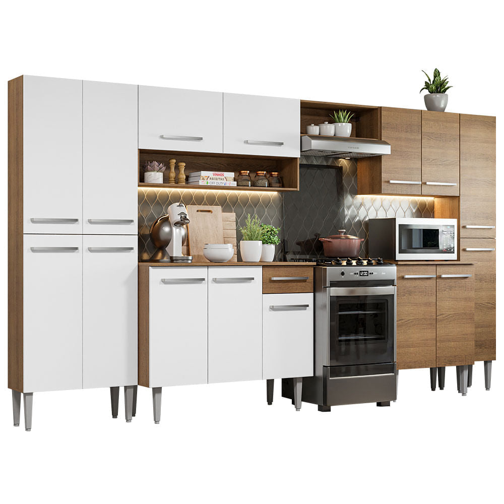 Armário de Cozinha Completa 325cm Rustic/Branco Emilly Joy Madesa 01 - Branco/Rustic