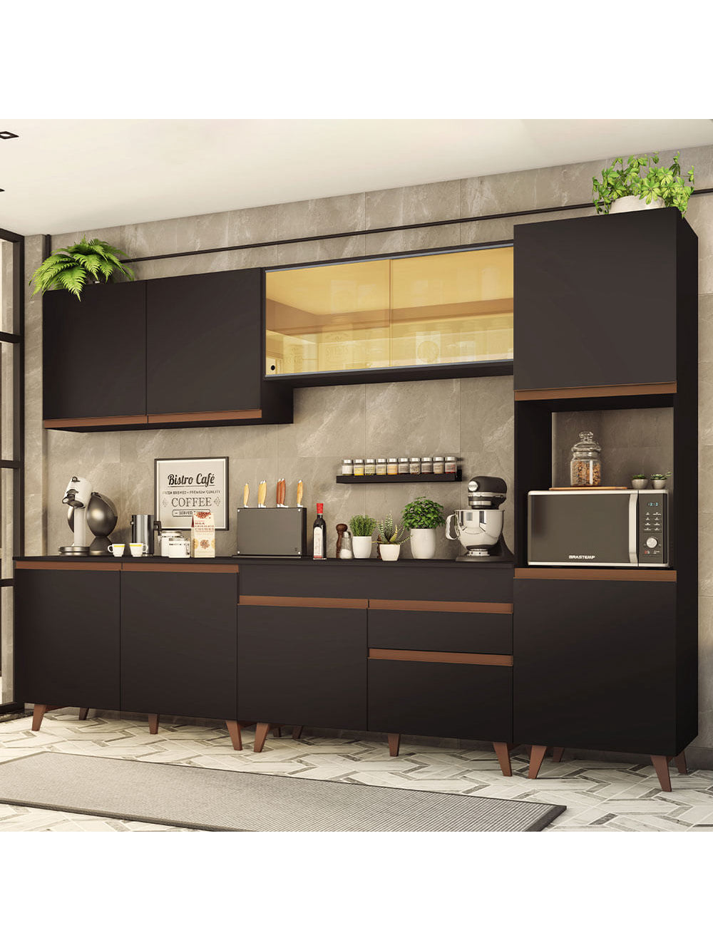 Armário de Cozinha Completa 300cm Preto Reims Madesa 01 - Preto