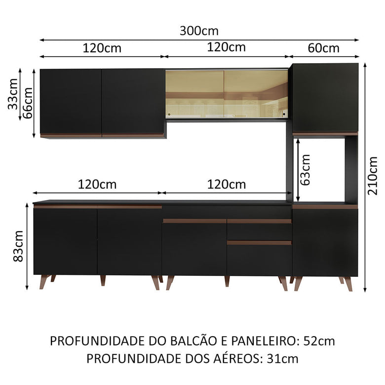 Armário de Cozinha Completa 300cm Preto Reims Madesa 01