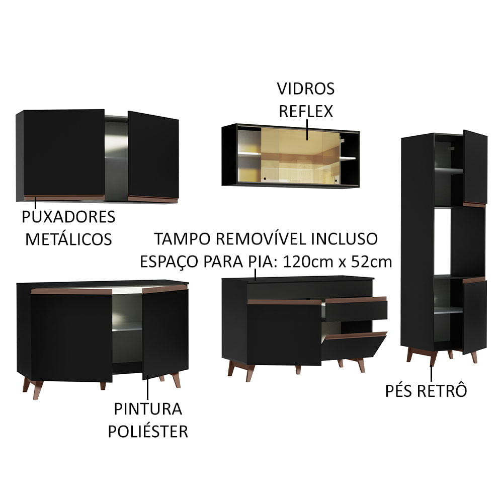 Armário de Cozinha Completa 300cm Preto Reims Madesa 01