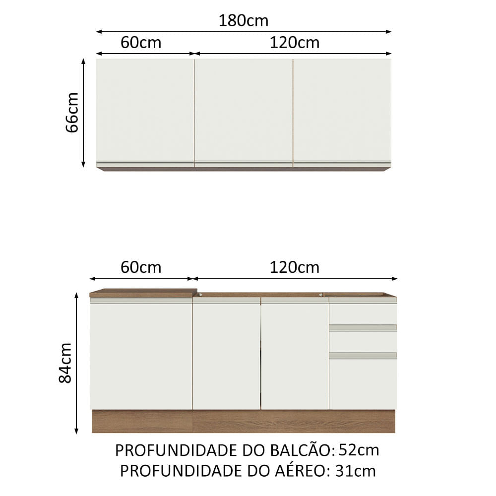 Armário de Cozinha Compacta 180cm Rustic Branco Glamy Madesa 05