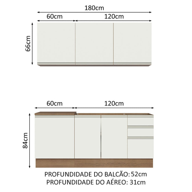 Armário de Cozinha Compacta 180cm Rustic Branco Glamy Madesa 05