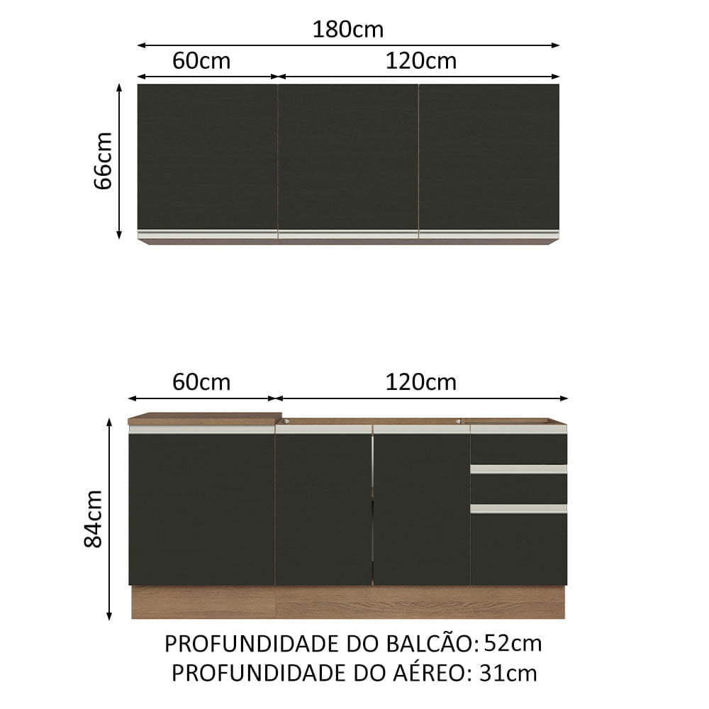 Armário de Cozinha Compacta 180cm Rustic Preto Glamy Madesa 05