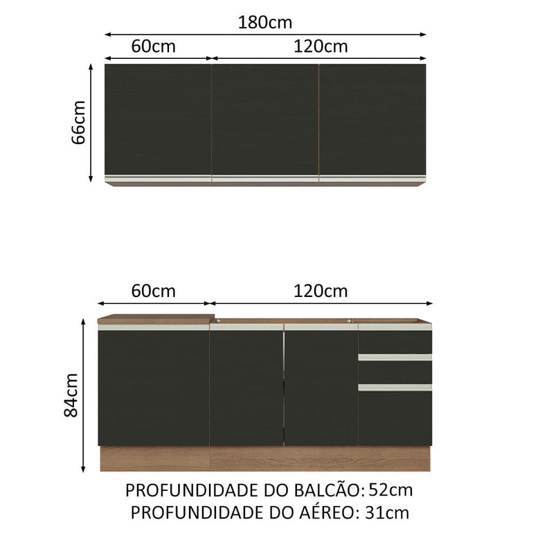 Armário de Cozinha Compacta 180cm Rustic Preto Glamy Madesa 05
