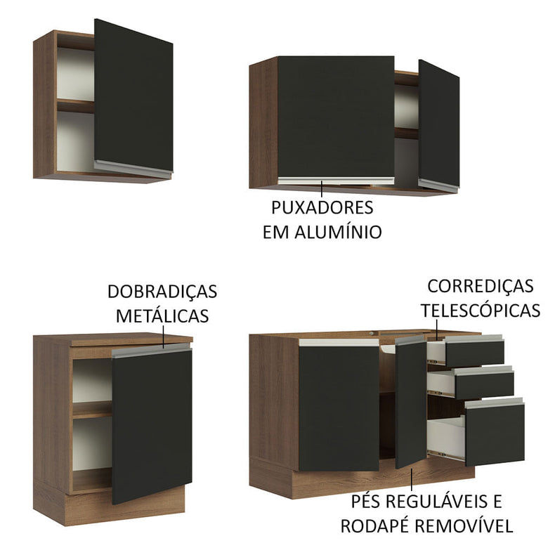 Armário de Cozinha Compacta 180cm Rustic Preto Glamy Madesa 05