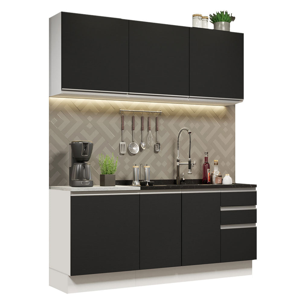 Armário de Cozinha Compacta 180cm Branco Preto Glamy Madesa 05 - Branco/Preto