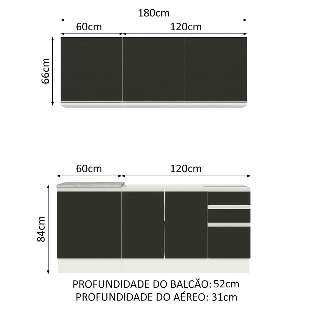 Armário de Cozinha Compacta 180cm Branco Preto Glamy Madesa 05