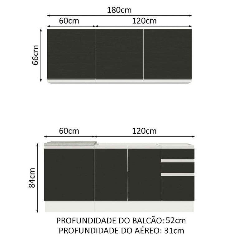 Armário de Cozinha Compacta 180cm Branco Preto Glamy Madesa 05