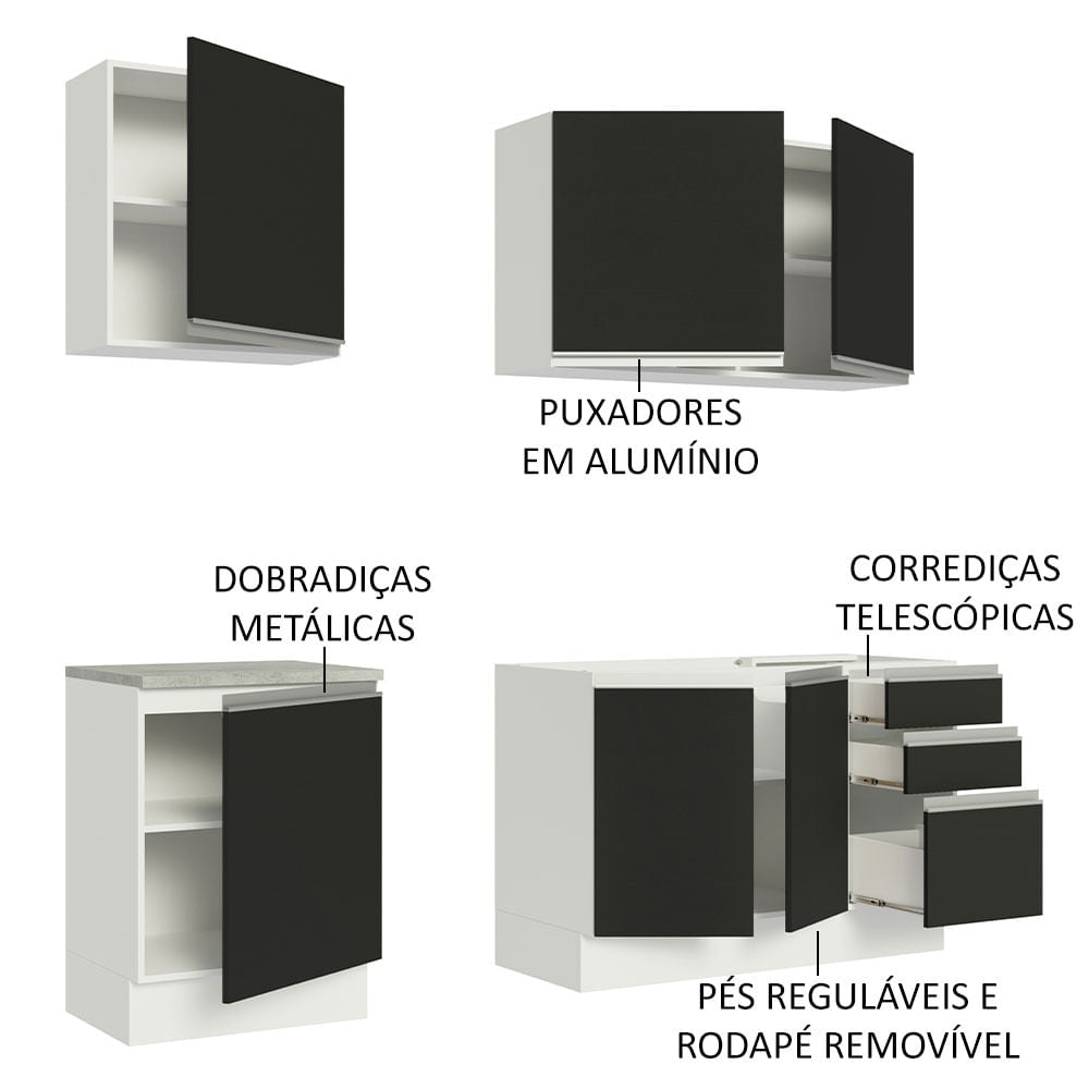 Armário de Cozinha Compacta 180cm Branco Preto Glamy Madesa 05
