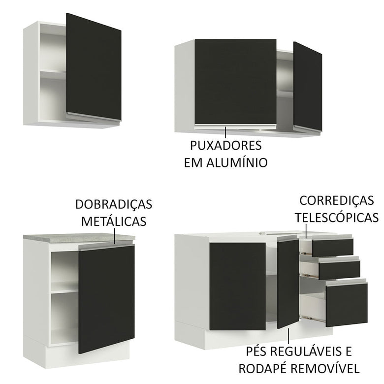 Armário de Cozinha Compacta 180cm Branco Preto Glamy Madesa 05