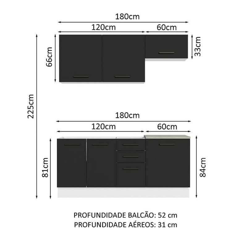 Armário de Cozinha Compacta 180cm Branco Preto Agata Madesa 03