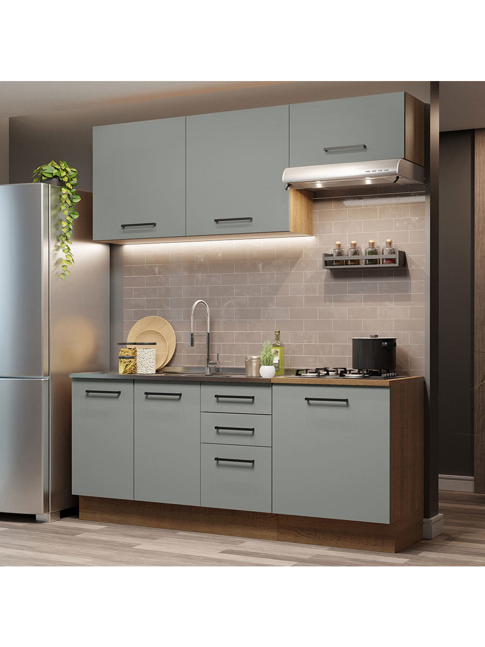 Armário de Cozinha Compacta 180cm Rustic Cinza Agata Madesa 03 - Rustic/Cinza