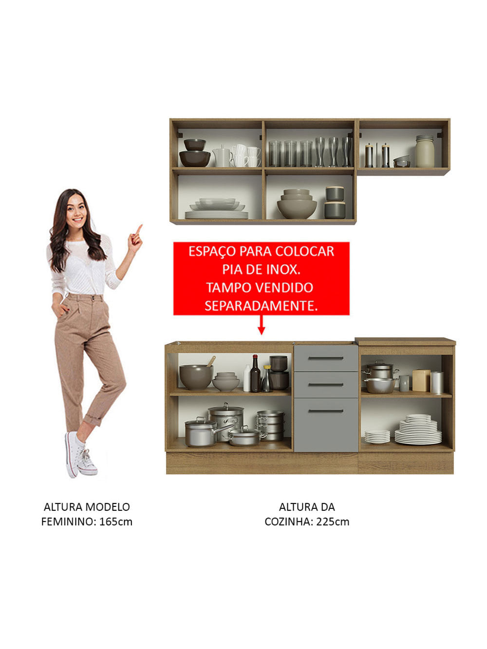 Armário de Cozinha Compacta 180cm Rustic Cinza Agata Madesa 03