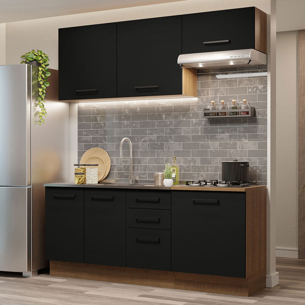 Armário de Cozinha Compacta 180cm Rustic Preto Agata Madesa 03 - Rustic/Preto