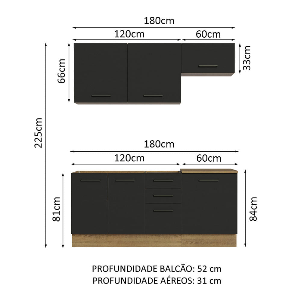 Armário de Cozinha Compacta 180cm Rustic Preto Agata Madesa 03