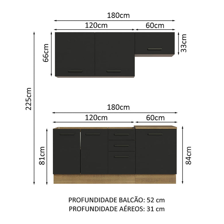Armário de Cozinha Compacta 180cm Rustic Preto Agata Madesa 03