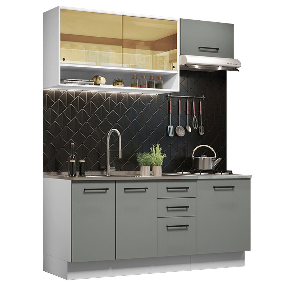 Armário de Cozinha Compacta 180cm Branco Cinza Agata Madesa 04 - Branco/Cinza