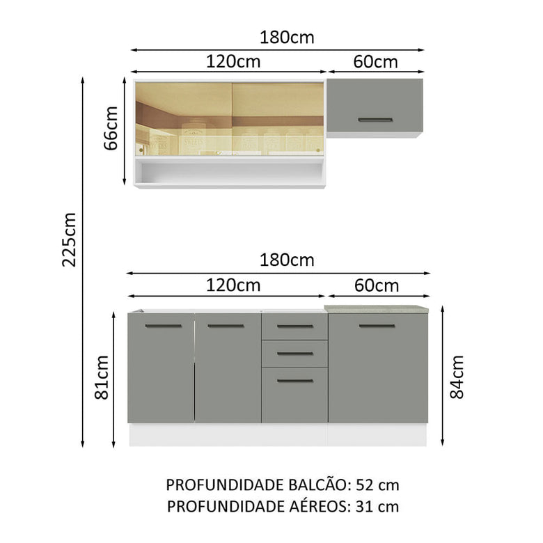 Armário de Cozinha Compacta 180cm Branco Cinza Agata Madesa 04