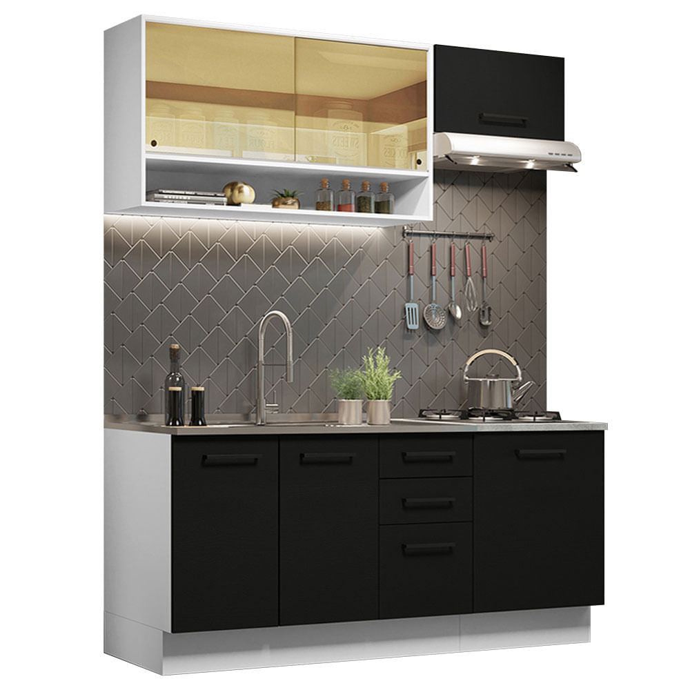 Armário de Cozinha Compacta 180cm Branco Preto Agata Madesa 04 - Branco/Preto