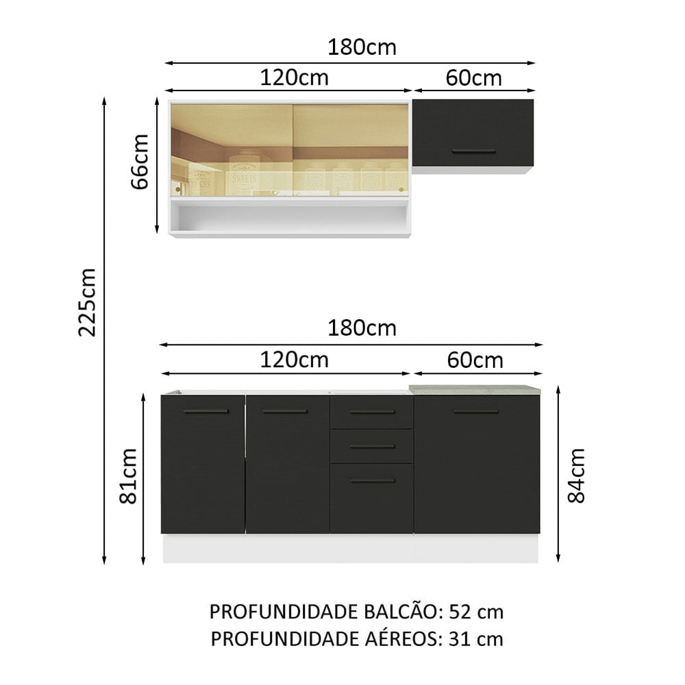 Armário de Cozinha Compacta 180cm Branco Preto Agata Madesa 04