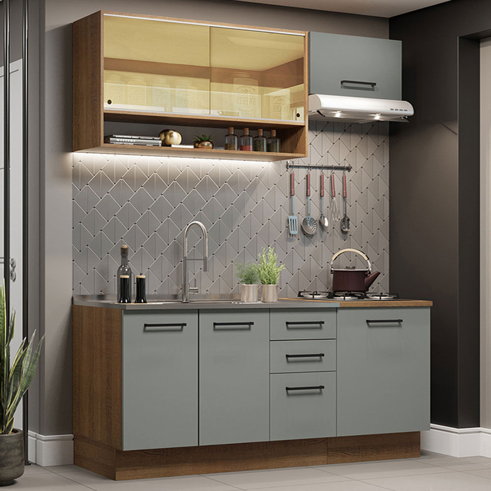 Armário de Cozinha Compacta 180cm Rustic Cinza Agata Madesa 04 - Preto/Cinza