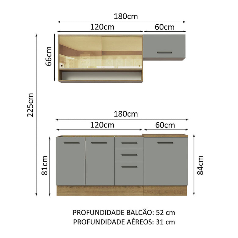 Armário de Cozinha Compacta 180cm Rustic Cinza Agata Madesa 04