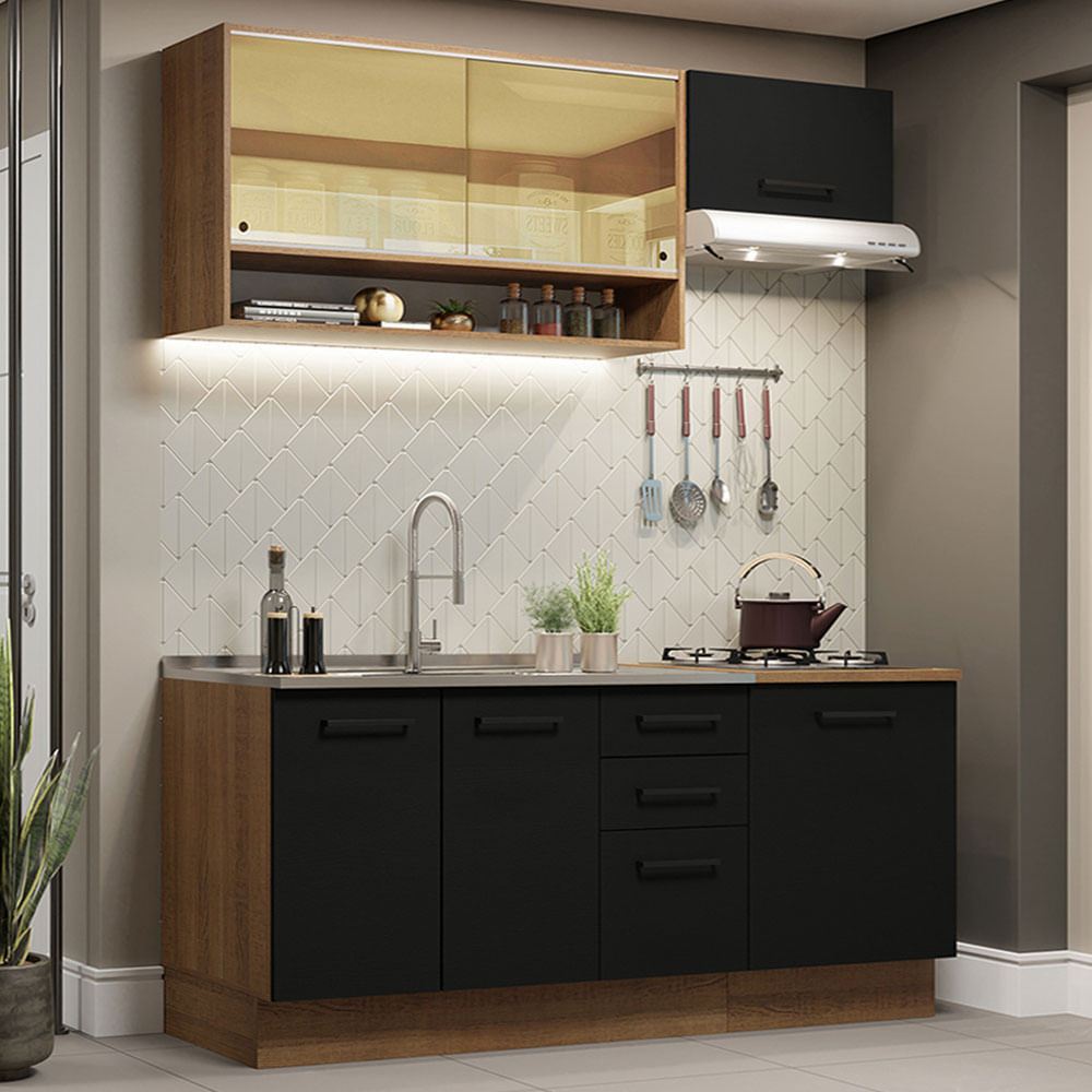 Armário de Cozinha Compacta 180cm Rustic Preto Agata Madesa 04 - Rustic/Preto