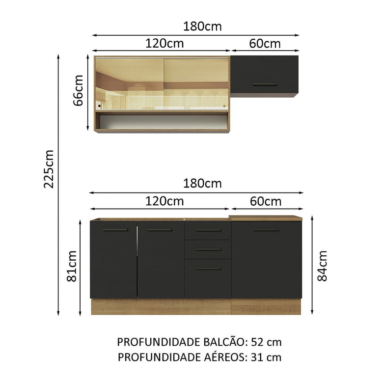 Armário de Cozinha Compacta 180cm Rustic Preto Agata Madesa 04
