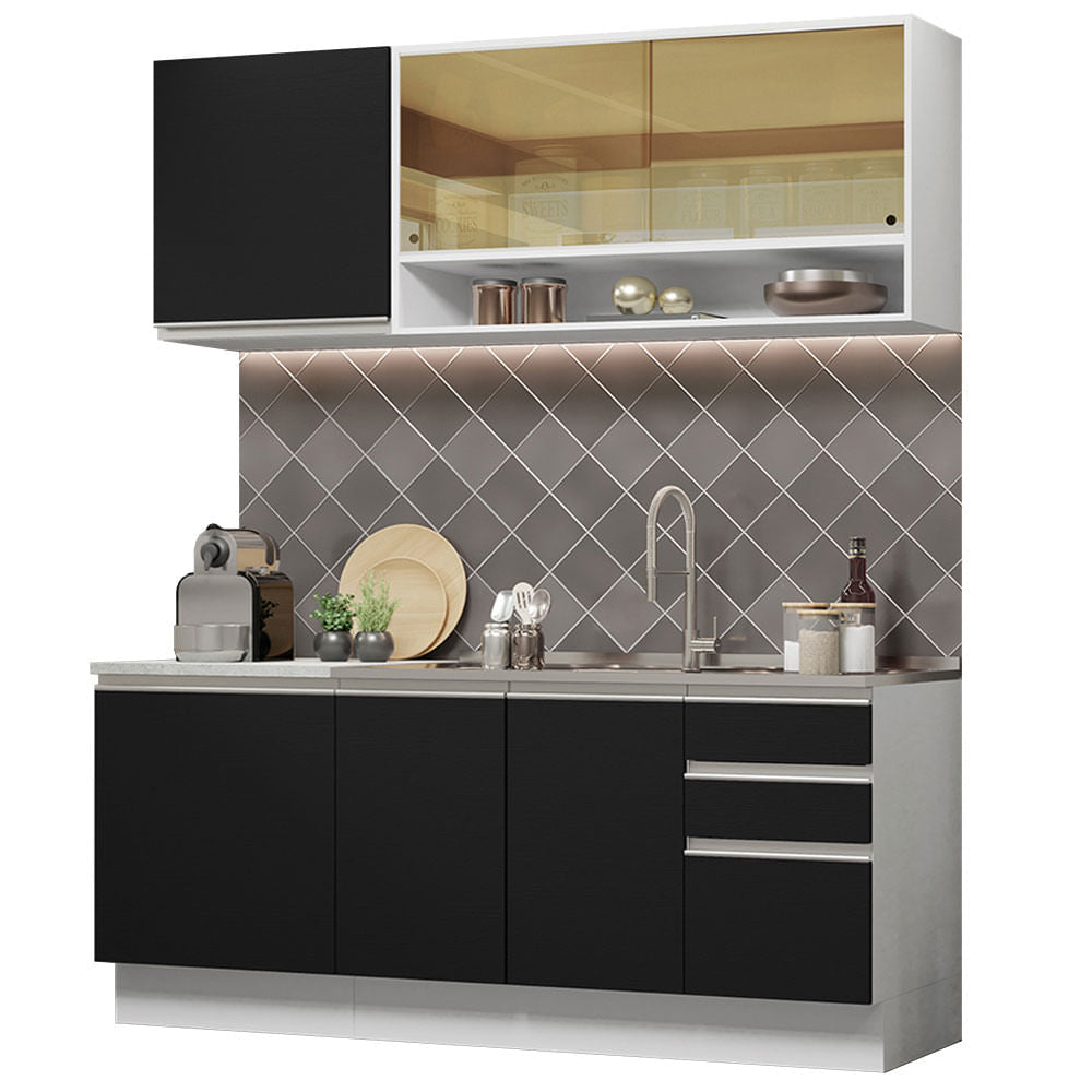 Armário de Cozinha Compacta 180cm Branco Preto Glamy Madesa 06 - Branco/Preto