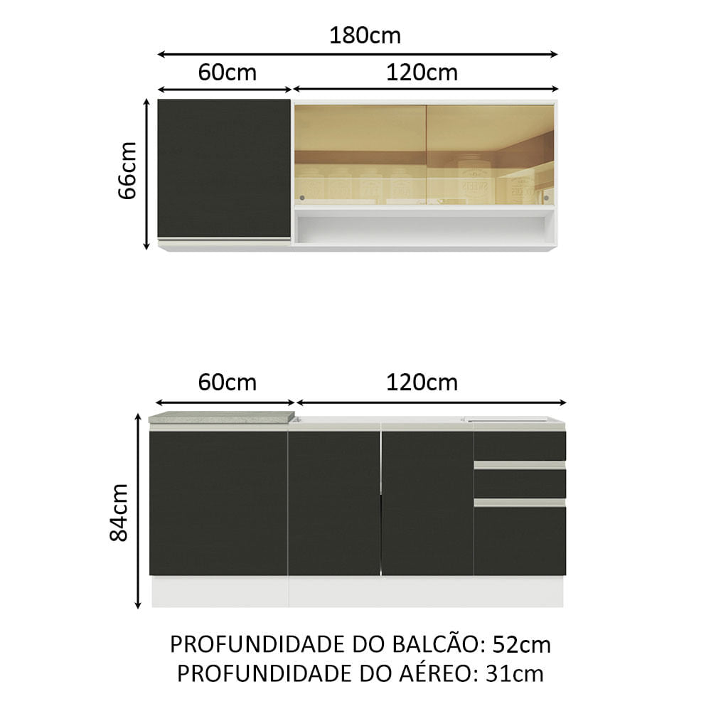 Armário de Cozinha Compacta 180cm Branco Preto Glamy Madesa 06