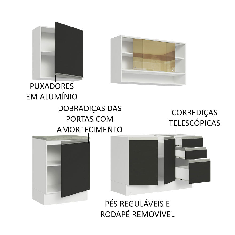 Armário de Cozinha Compacta 180cm Branco Preto Glamy Madesa 06
