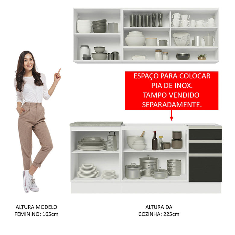 Armário de Cozinha Compacta 180cm Branco Preto Glamy Madesa 06