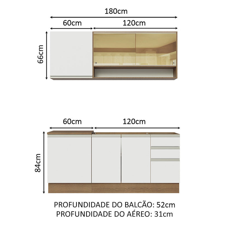 Armário de Cozinha Compacta 180cm Rustic Branco Glamy Madesa 06