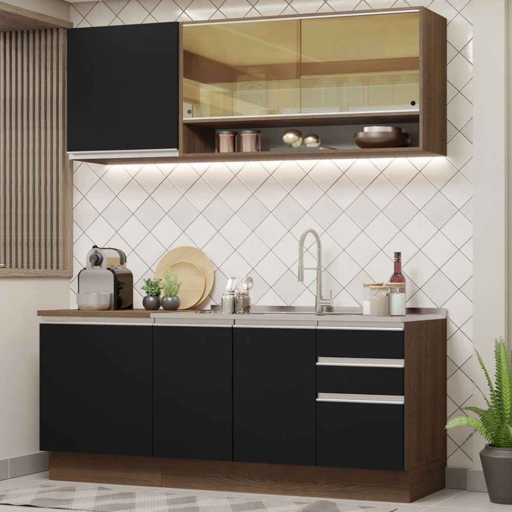 Armário de Cozinha Compacta 180cm Rustic Preto Glamy Madesa 06 - Rustic/Preto
