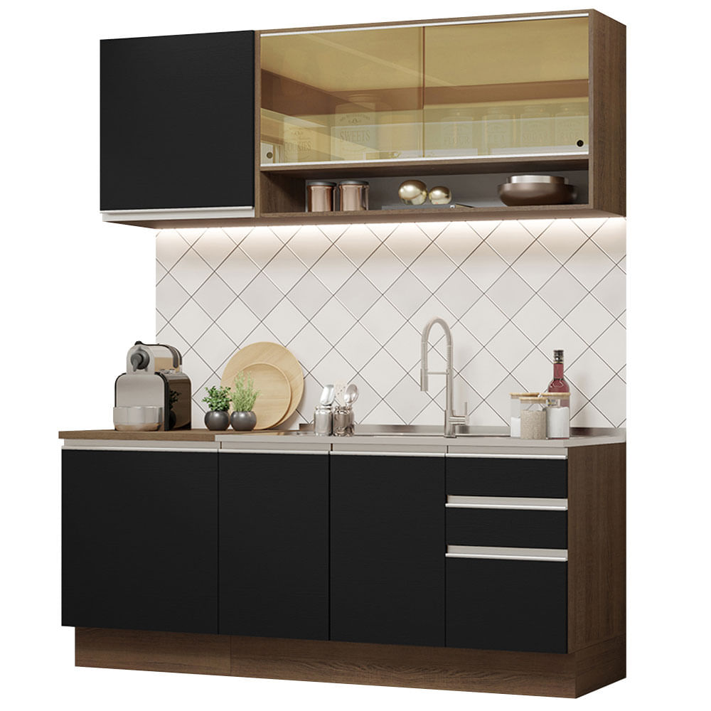 Armário de Cozinha Compacta 180cm Rustic Preto Glamy Madesa 06 - Rustic/Preto