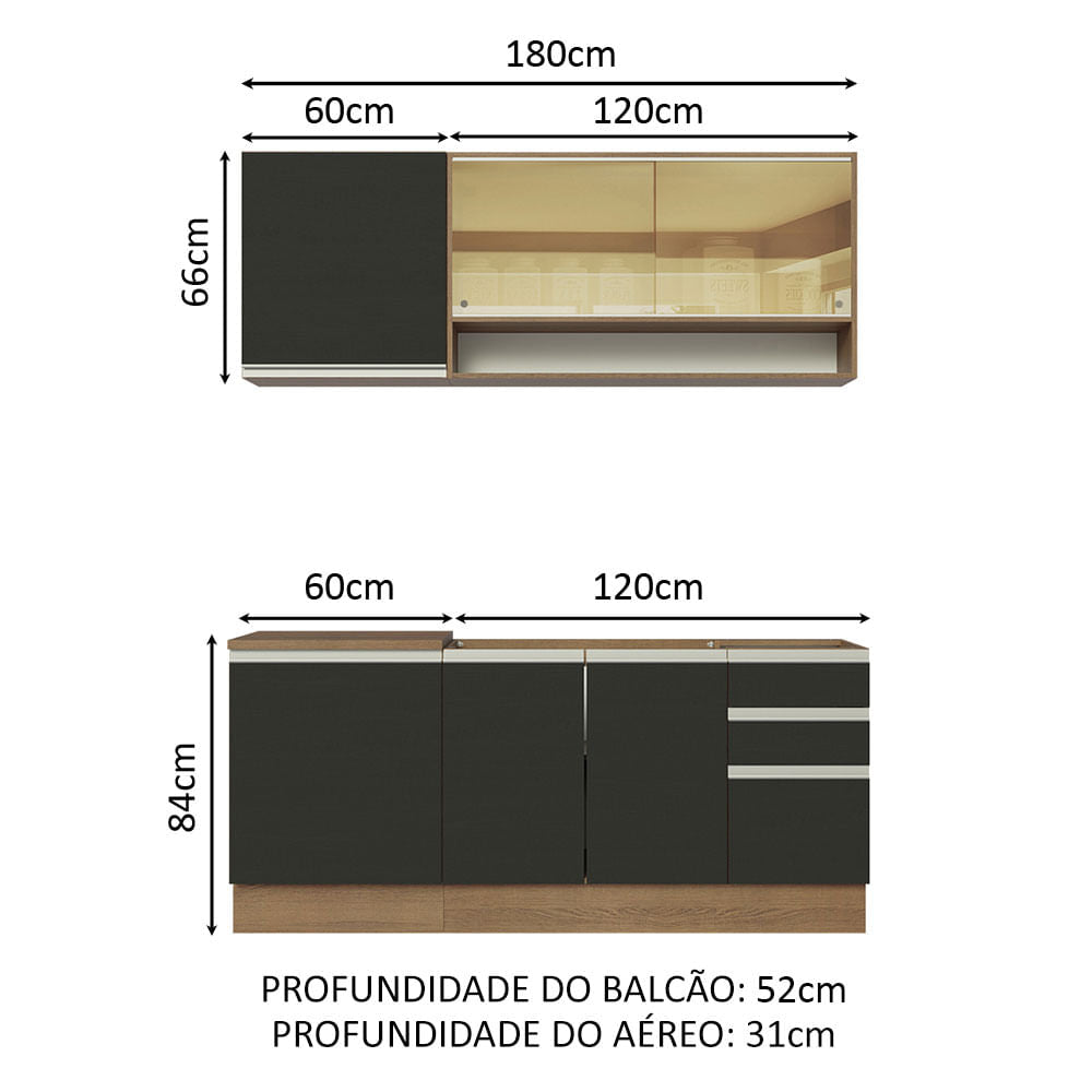 Armário de Cozinha Compacta 180cm Rustic Preto Glamy Madesa 06